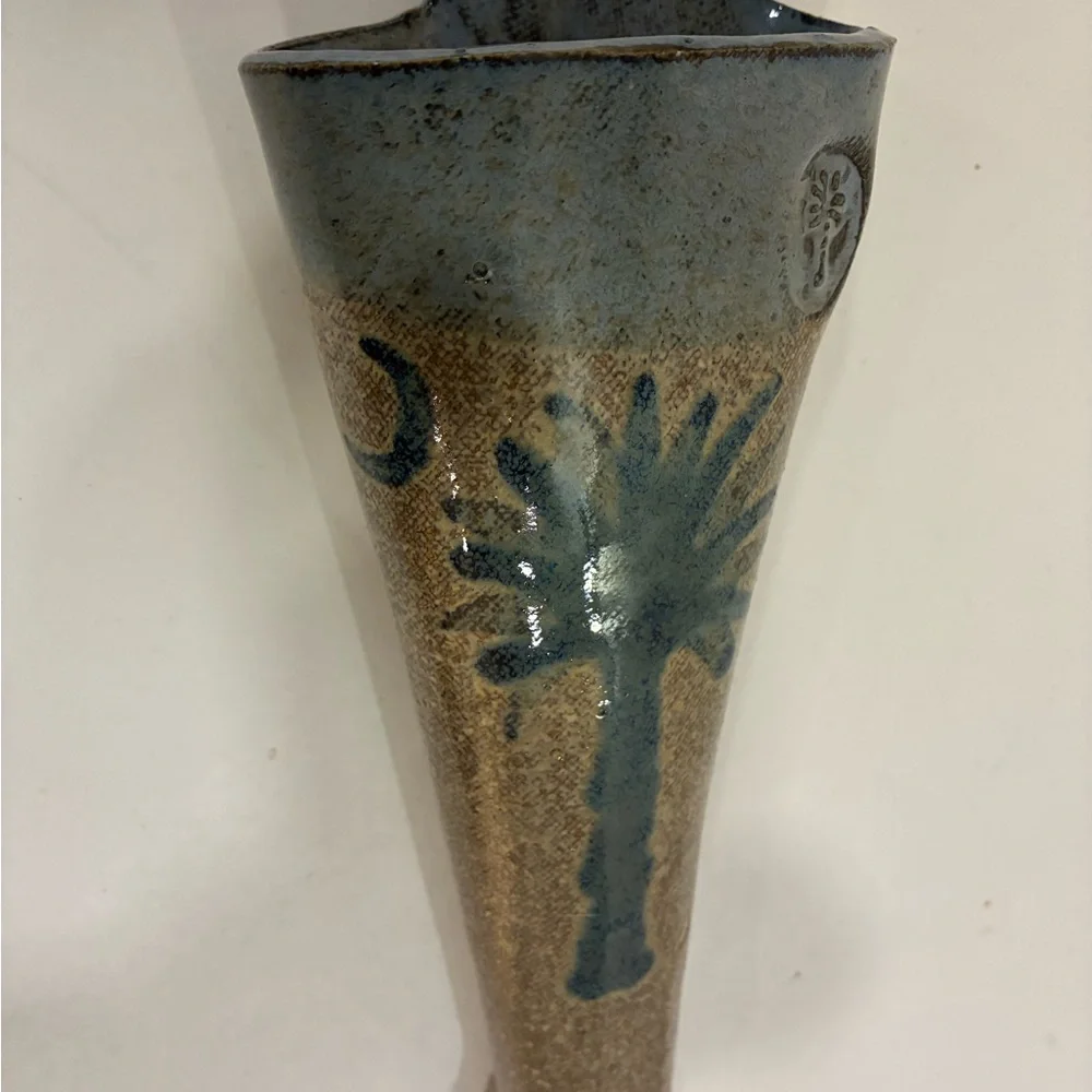 Pottery Wall Pocket Vase Blue Palm Tree with Brown Blue Backdrop S.C. Tree/Moon